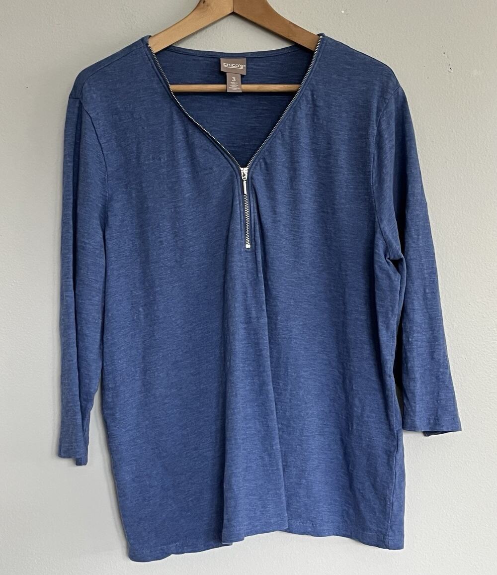 Chicos Women Blue Cotton Top 3/4 Sleeve Zip Front Detail Mod Minimalist XL/3